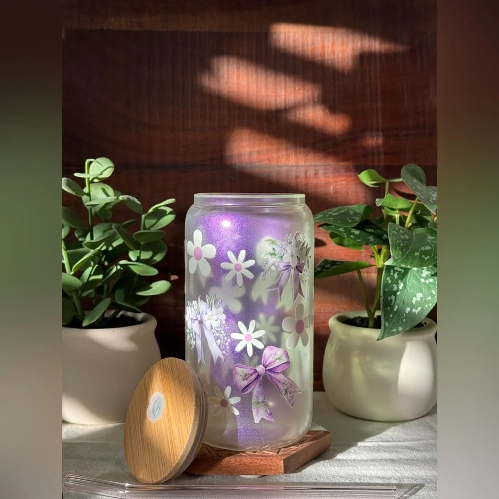 Purple Bows and Daisies Coquette Iridescent Glass Can with Pink Glass Cup - Picture 5 of 12